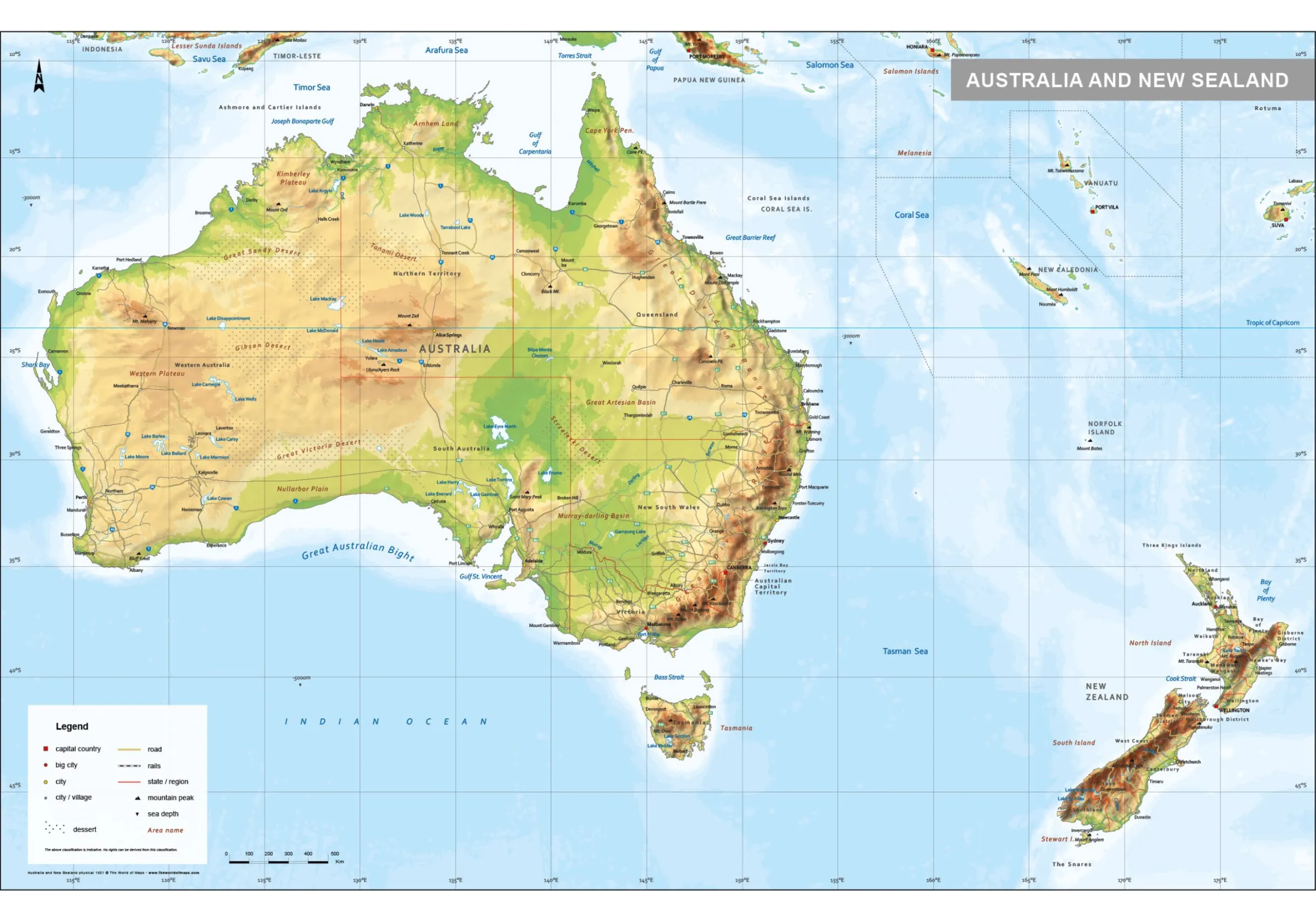 Australië en Nieuw-Zeeland kaart Natuurkundig 1601