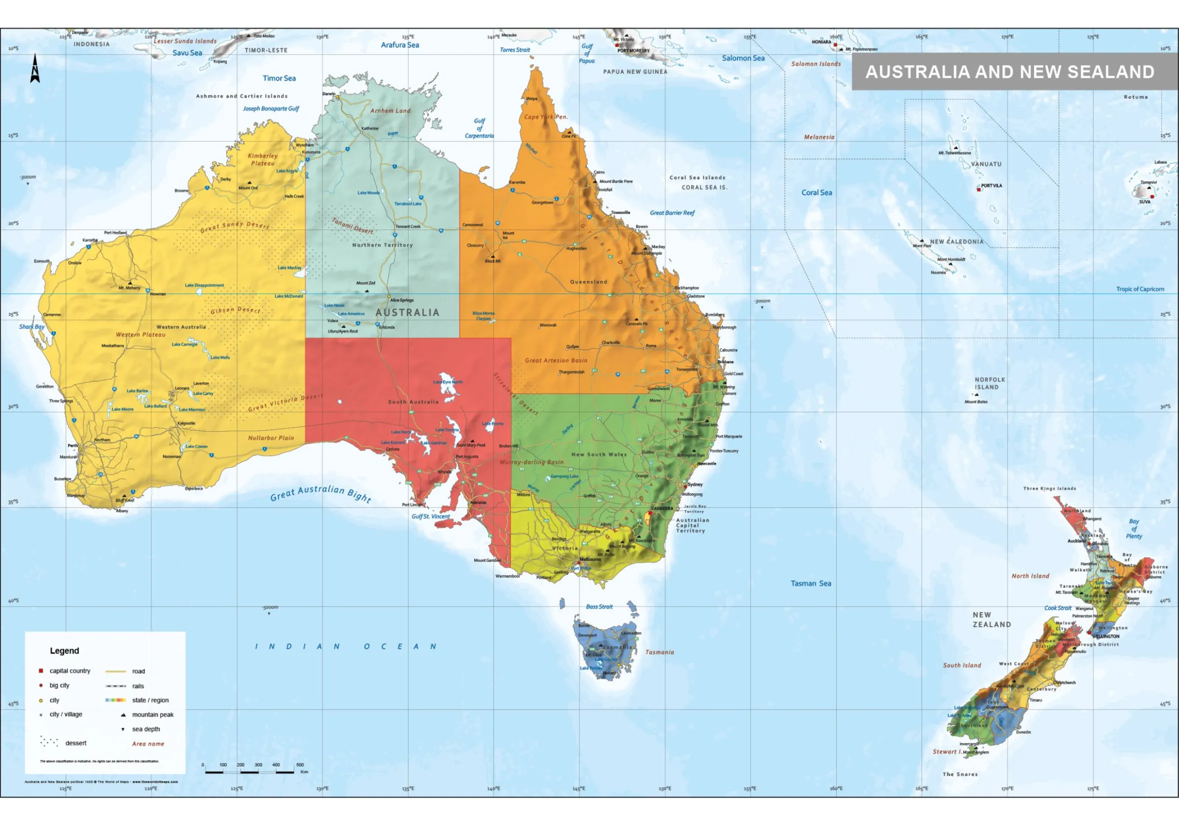 Australië en Nieuw-Zeeland kaart Staatkundig 1600