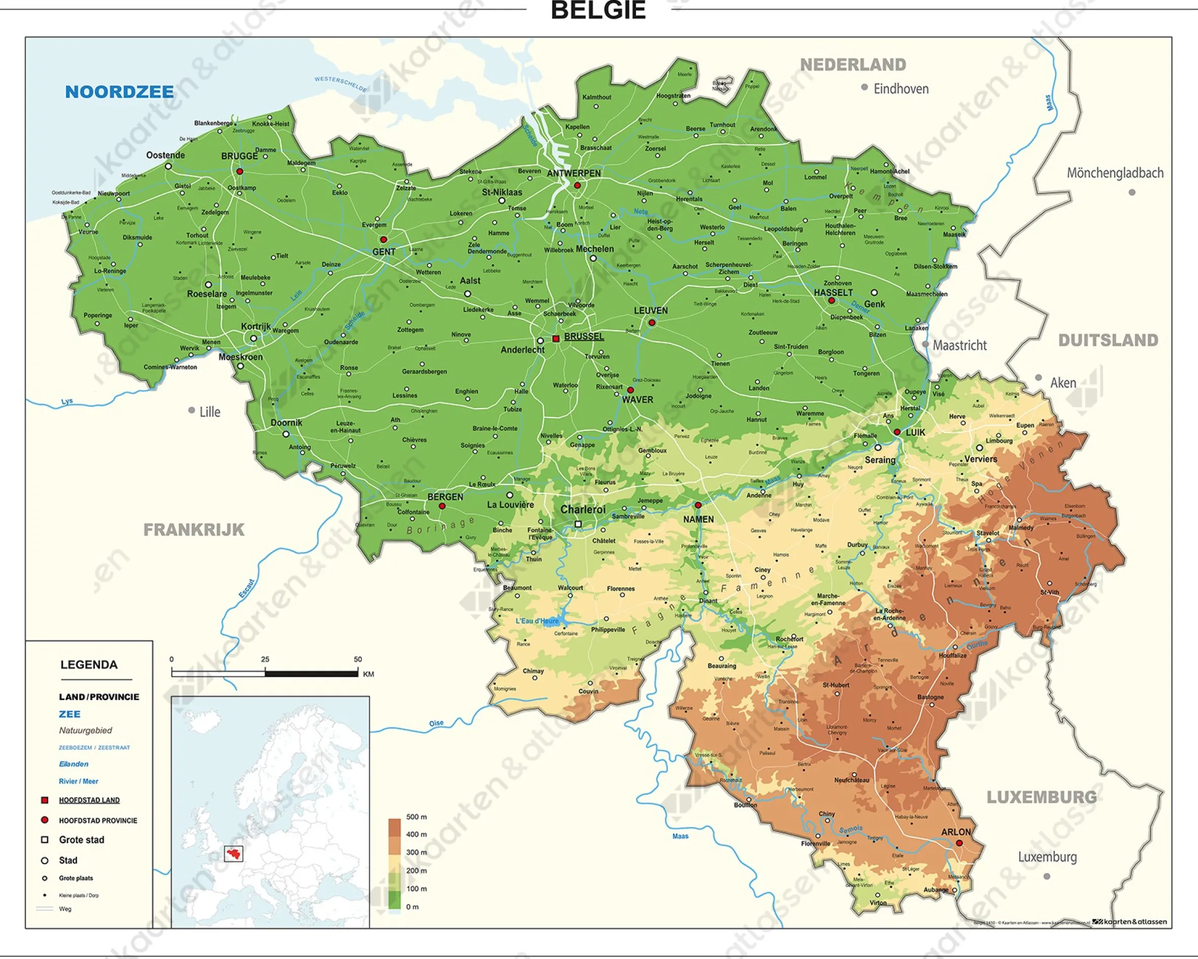 België kaart Natuurkundig 1450