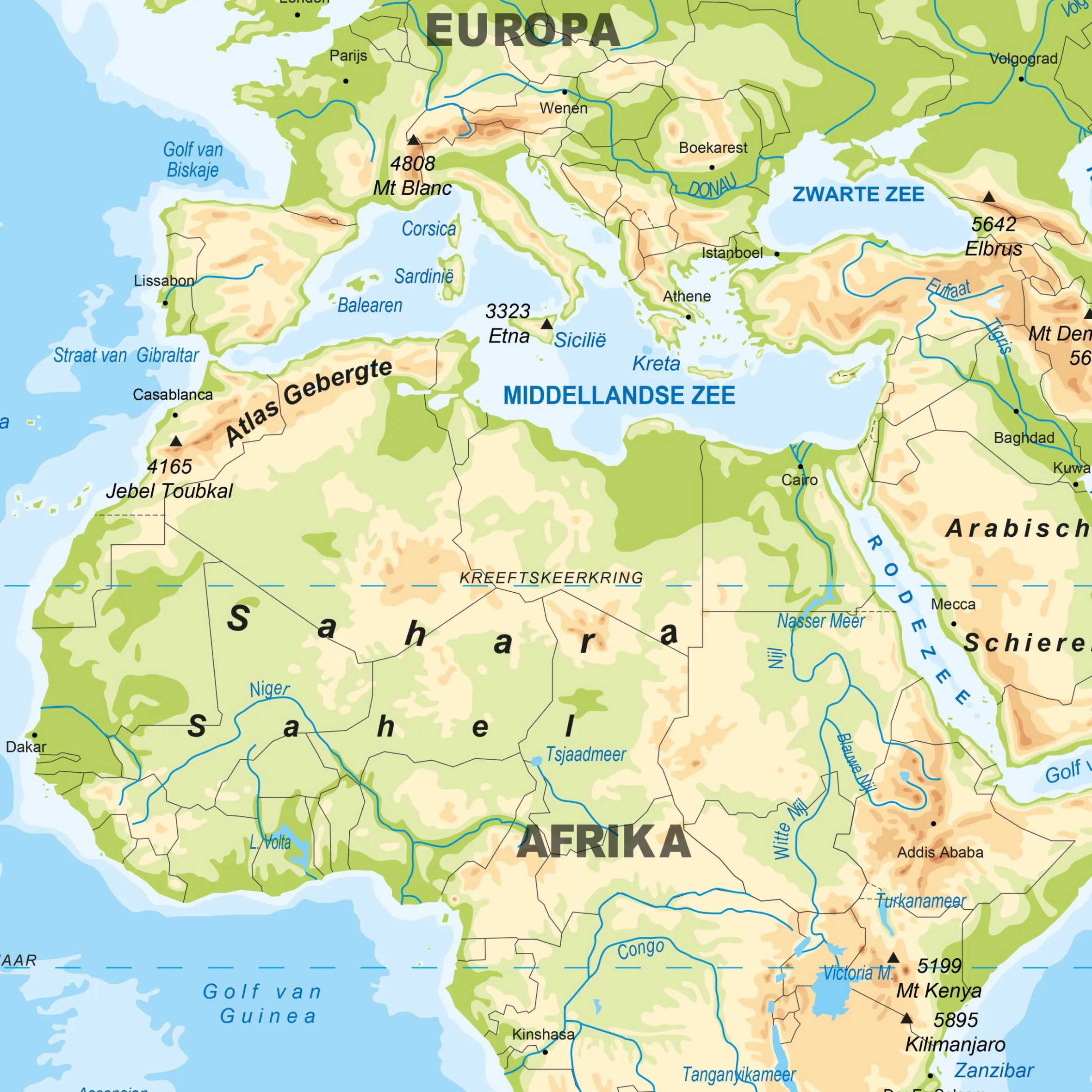 Eenvoudige Wereldkaart Natuurkundig 1301