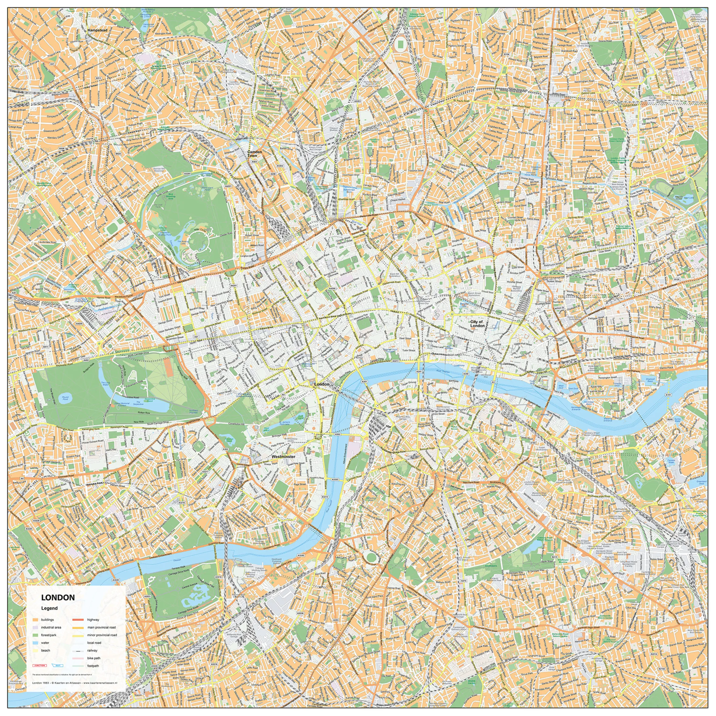 Kaart Londen / London Stadsplattegrond 1883