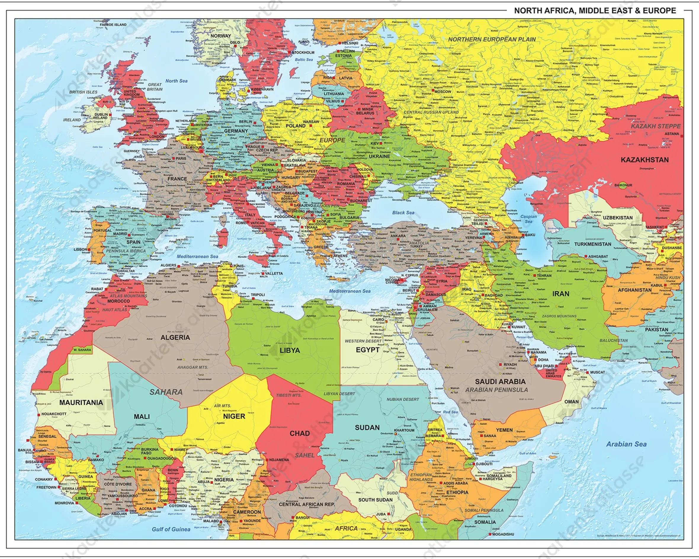 Kaart van Noord Afrika, Midden-Oosten en Europa Staatkundig 1317