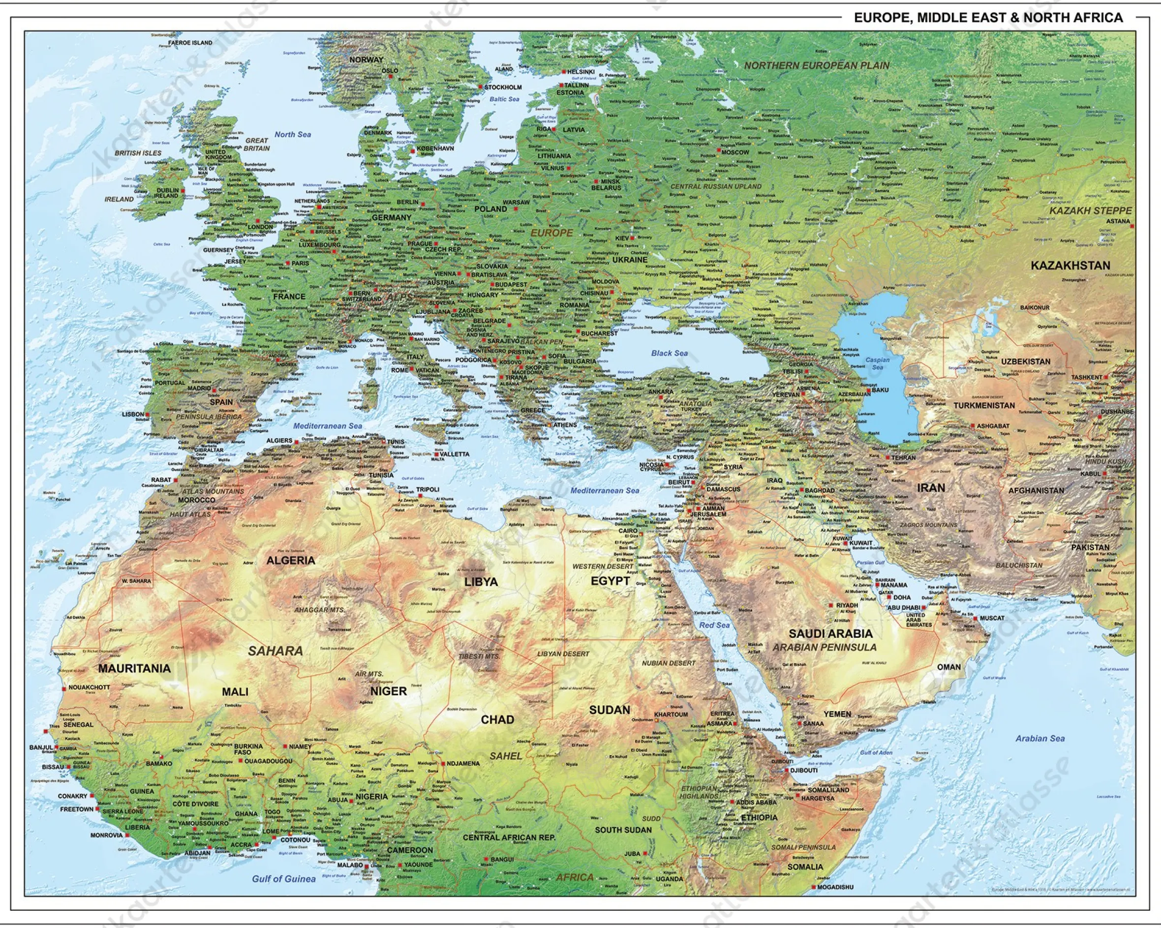 Kaart van Noord Afrika, Midden-Oosten en Europa Natuurkundig 1316