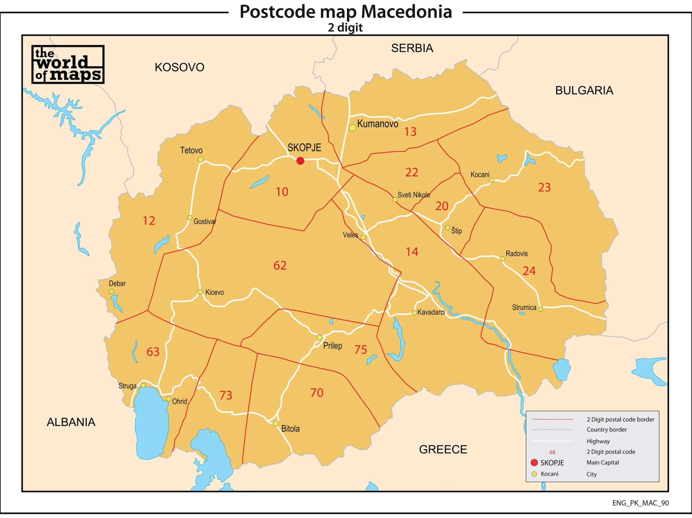 Macedonië 2-cijferige postcodekaart 90