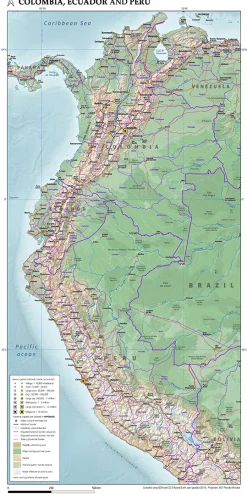 Natuurkundige kaart Colombia, Ecuador en Peru 1706