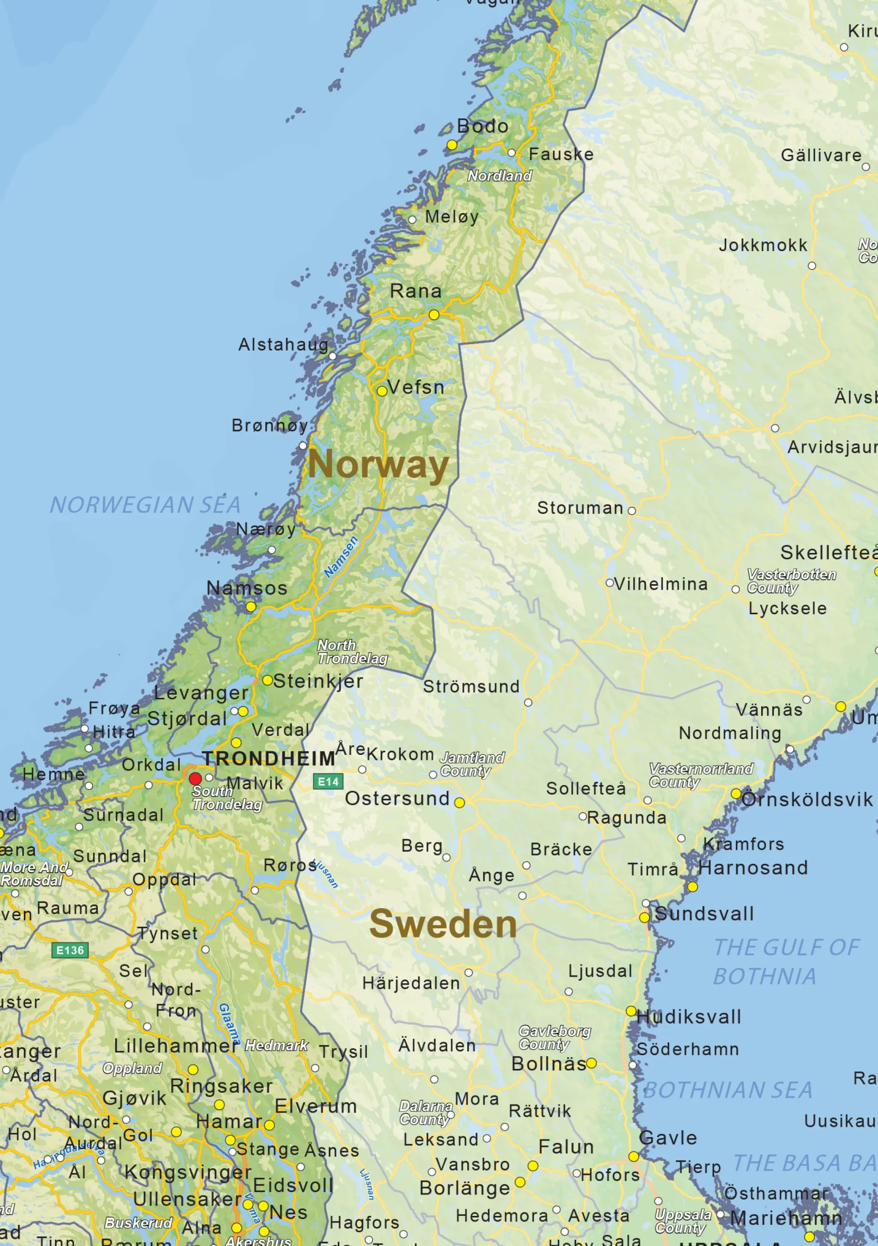 Natuurkundige landkaart Noorwegen 1453