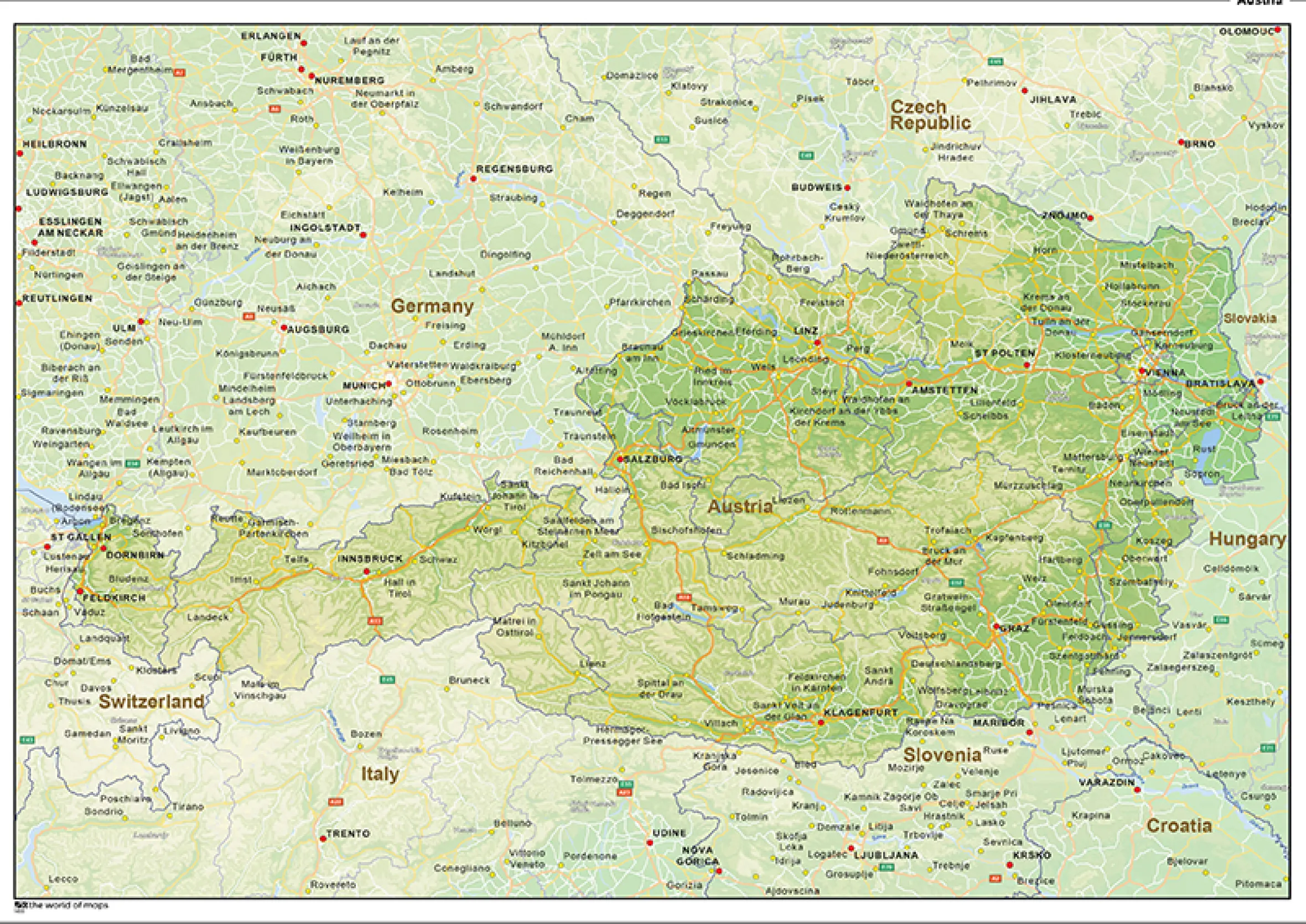 Natuurkundige landkaart Oostenrijk 1455