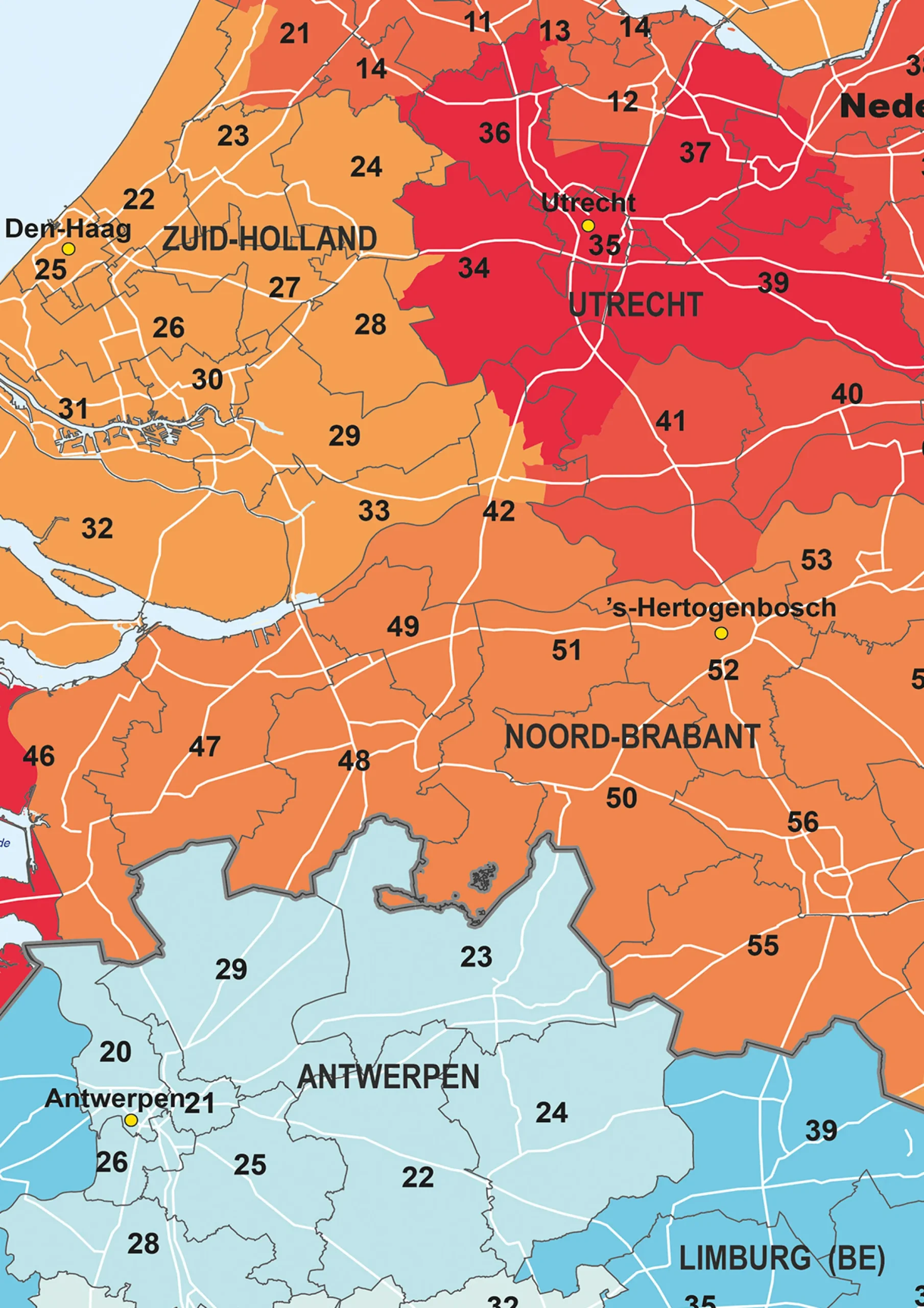 Postcodekaart Benelux 2-cijferig 761