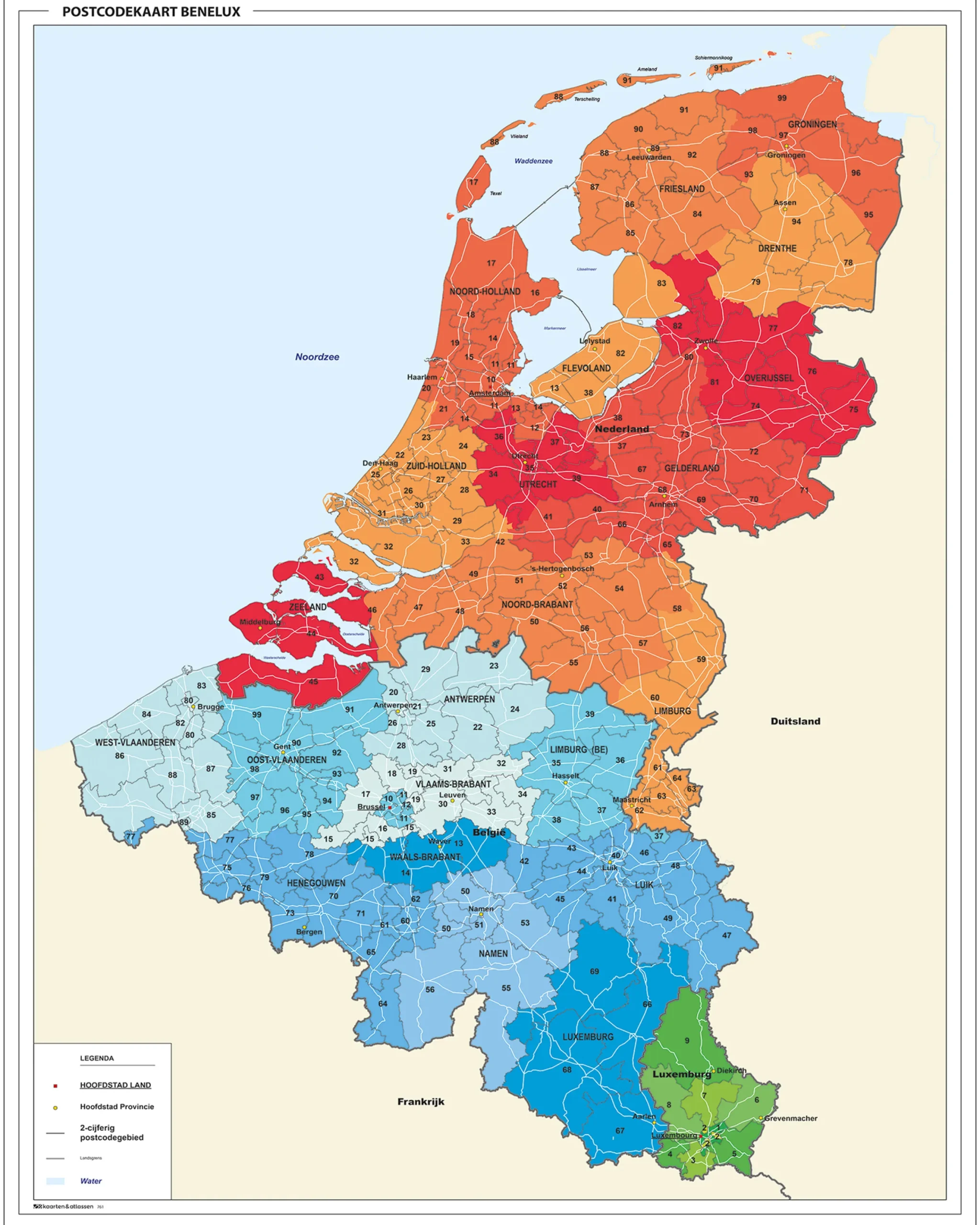 Postcodekaart Benelux 2-cijferig 761