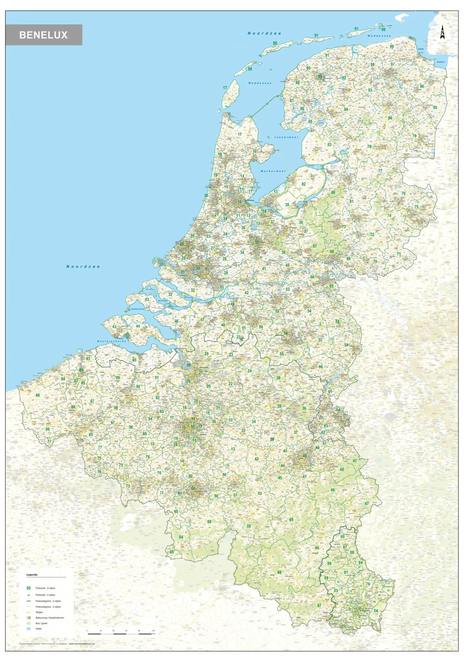 Postcodekaart Benelux 2- en 4-cijferig 1588