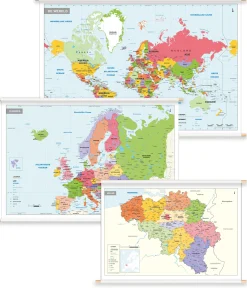 3 Schoolkaarten België/Europa/Wereld Gedetailleerd 1414