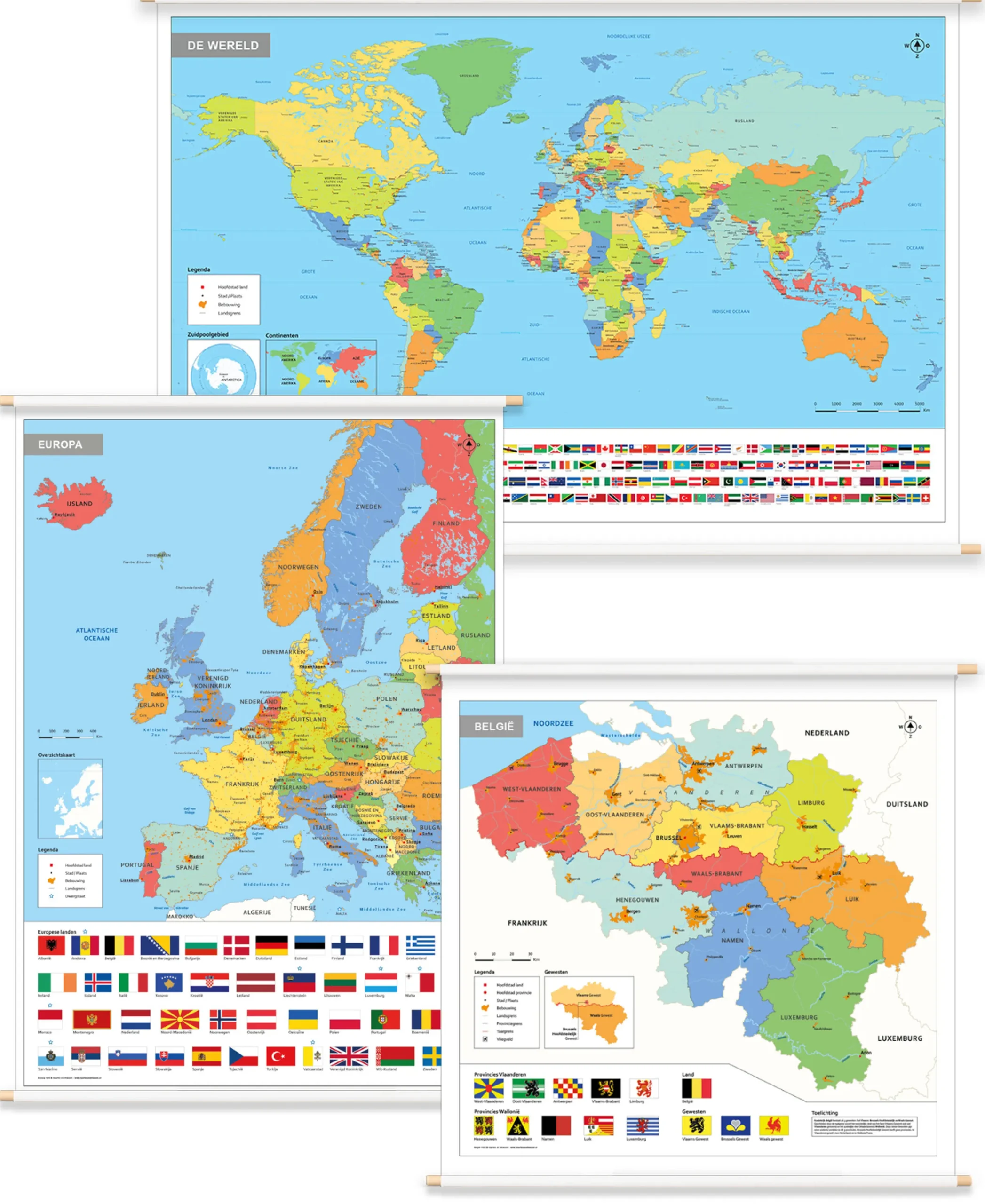 3 Schoolkaarten België/Europa/Wereld met vlaggen 1765