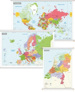 3 Schoolkaarten Nederland/Europa/Wereld Gedetailleerd 1412