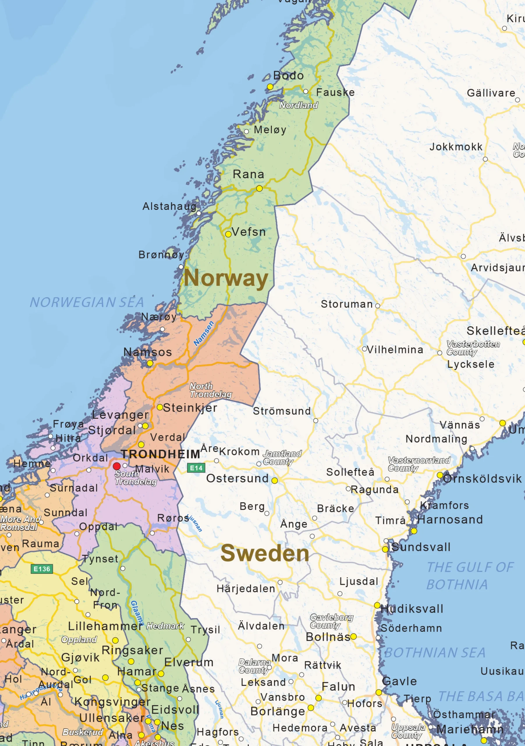 Staatkundige landkaart Noorwegen 1454