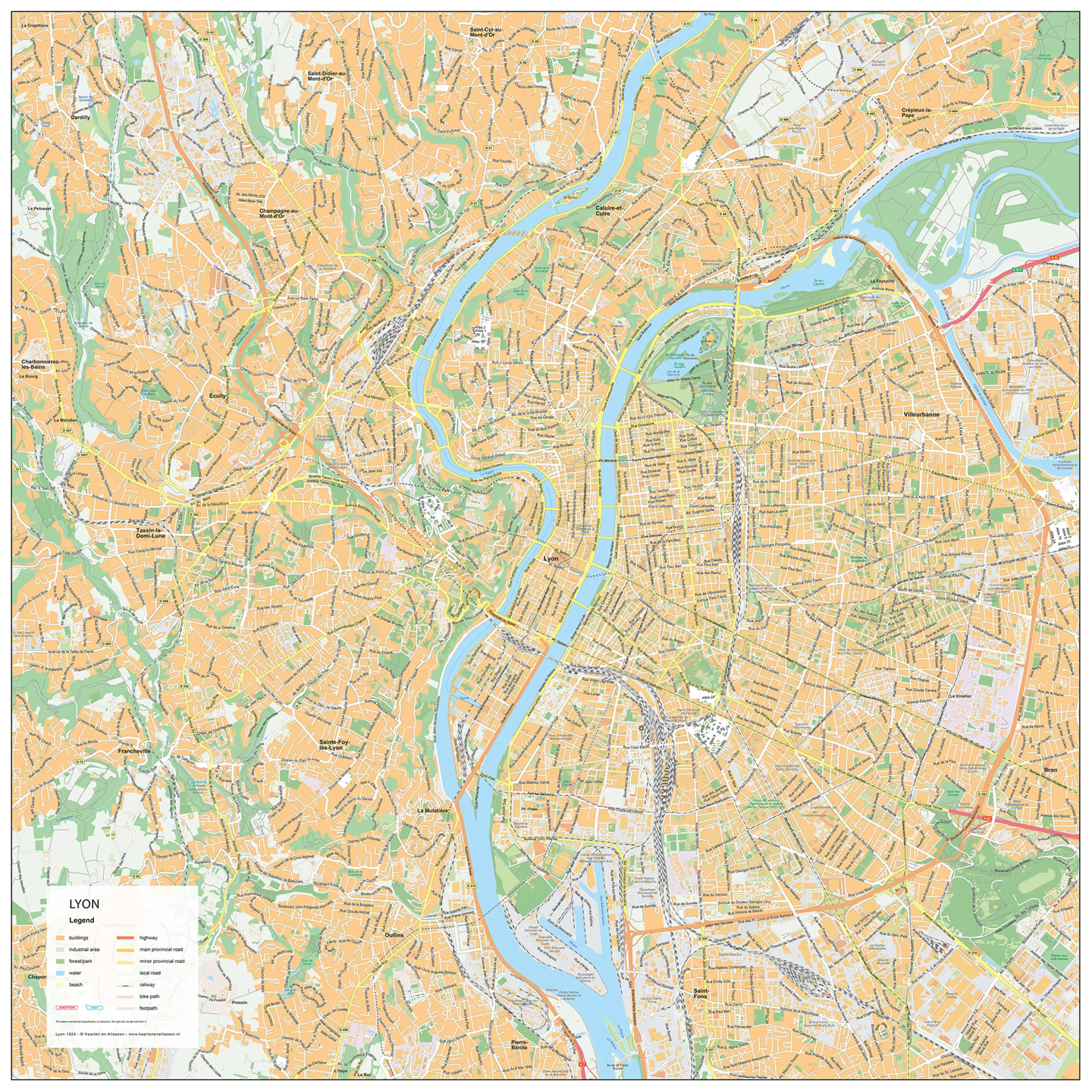 Stadsplattegrond Lyon Straatnamenkaart 1924