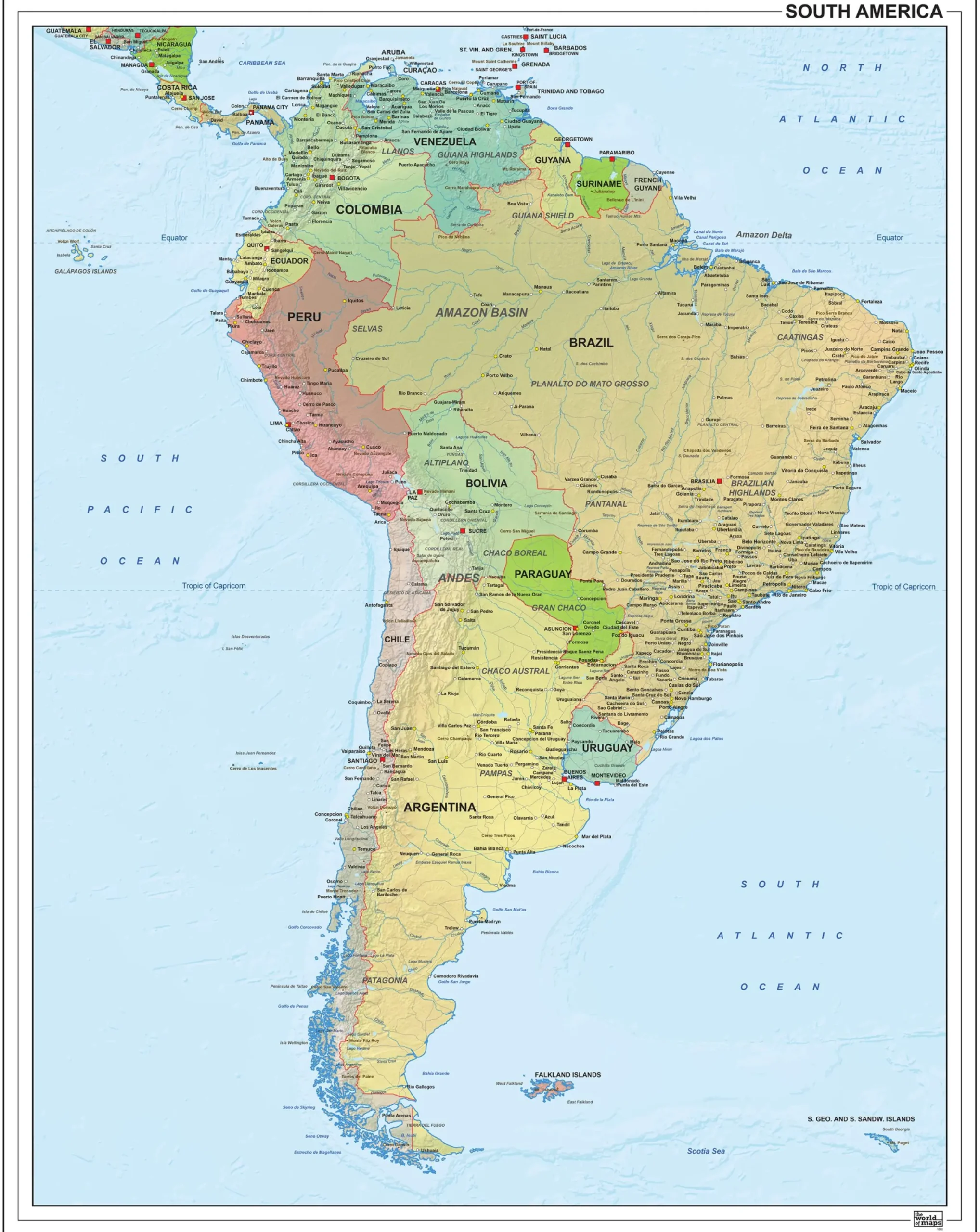 Zuid-Amerika staatkundig met reliëf 1292