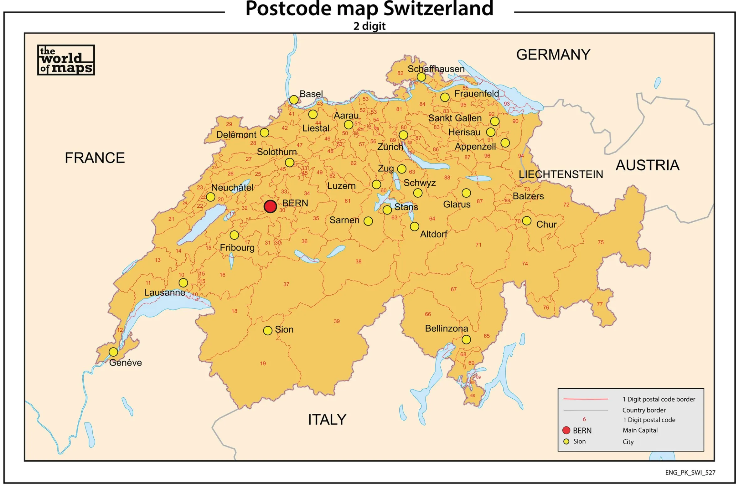 Zwitserland 2-cijferige postcodekaart 527